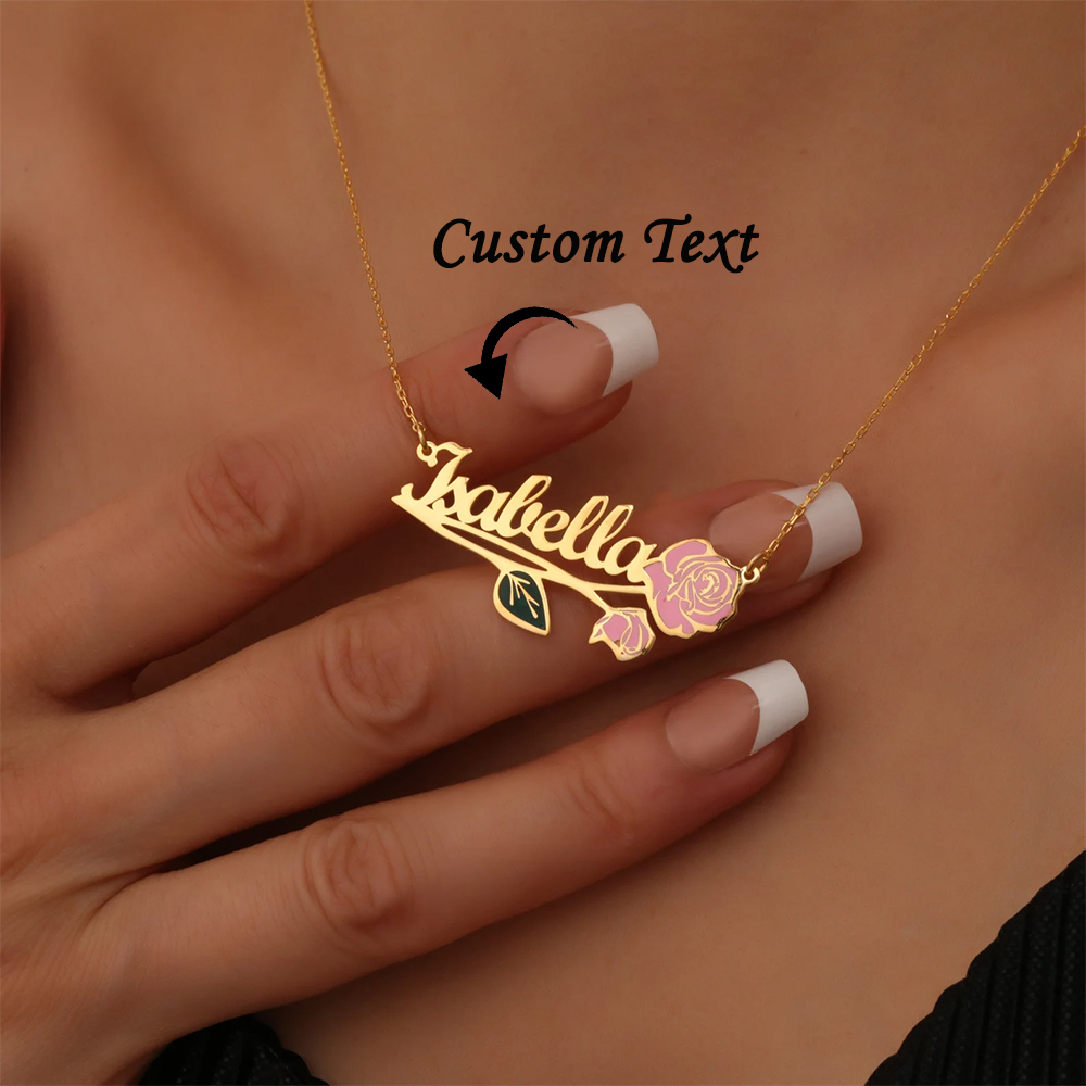 Engraved Name Necklace - Gepersonaliseerde kleurrijke geboortebloem naamketting voor vrouwen